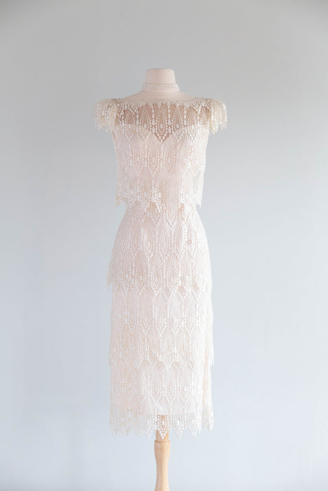 Elegant 1920's Inspired Ivory Tiered Teardrop Lace Wedding Dress / M
