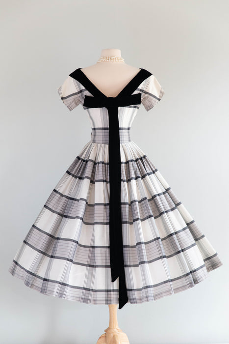 Iconic 1950's Suzy Perette "New Look" Era Plaid Party Dress With Velvet Trim / M