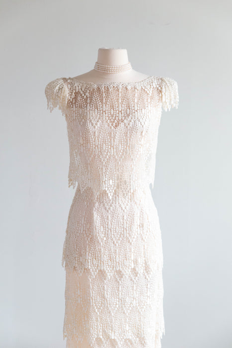 Elegant 1920's Inspired Ivory Tiered Teardrop Lace Wedding Dress / M