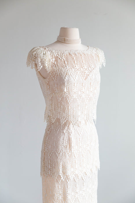 Elegant 1920's Inspired Ivory Tiered Teardrop Lace Wedding Dress / M