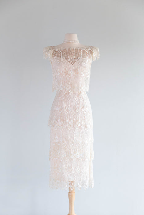 Elegant 1920's Inspired Ivory Tiered Teardrop Lace Wedding Dress / M