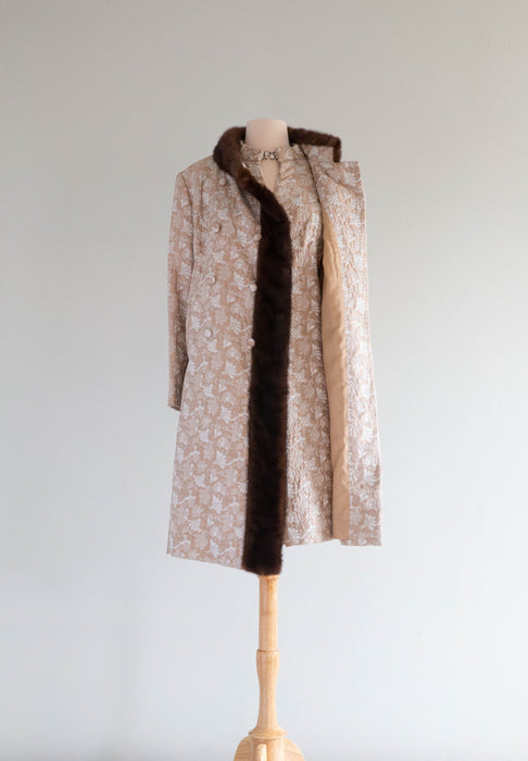 *Florence Sisman Collection* 1960's Silver Cocoa Brocade Evening Coat & Dress Set / ML