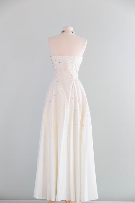 Stunning 1950's Snow White Taffeta Wedding Gown With Soutache / M