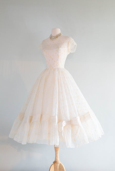 Vintage 1950's Tea Length Wedding Dress With Bows & Full Skirt / SM