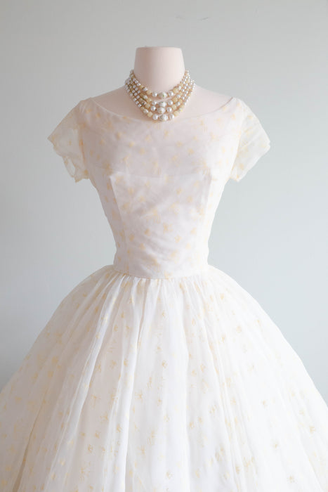 Vintage 1950's Tea Length Wedding Dress With Bows & Full Skirt / SM