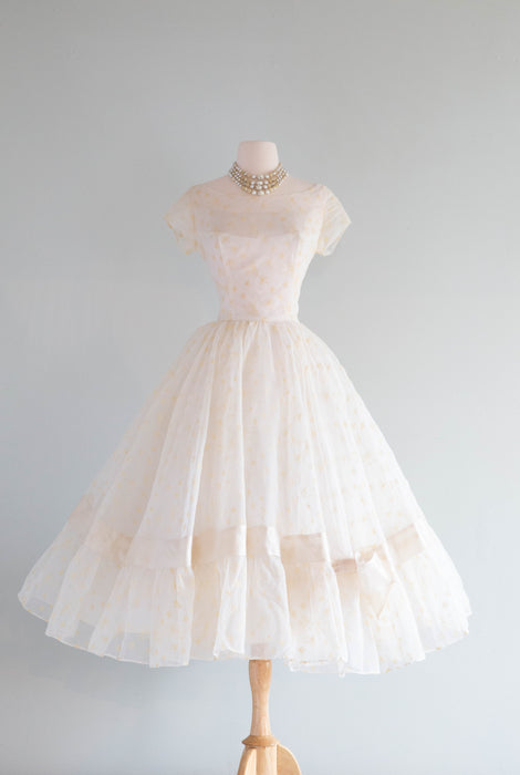 Vintage 1950's Tea Length Wedding Dress With Bows & Full Skirt / SM