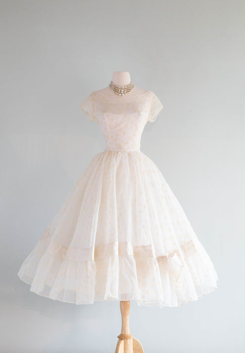 Vintage 1950's Tea Length Wedding Dress With Bows & Full Skirt / SM