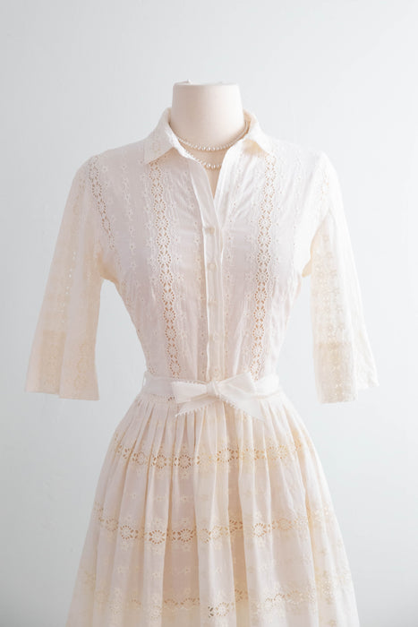 Classic 1950's Ivory Cotton Eyelet Shirtwaist Dress By L'Aignon / M