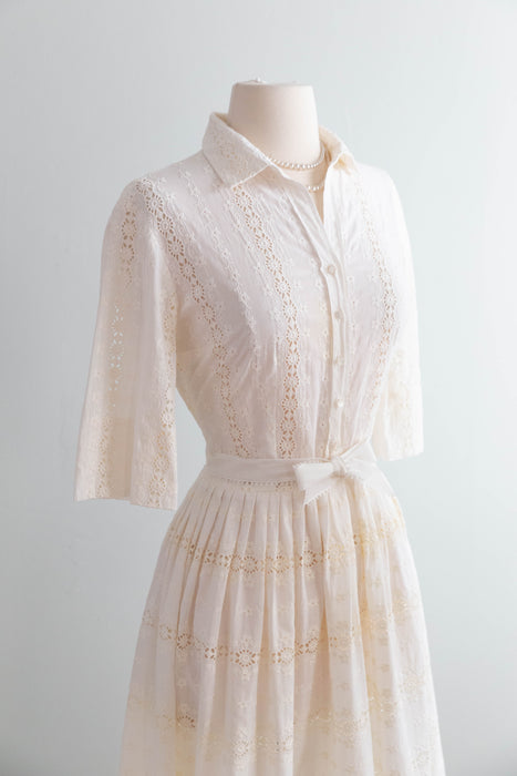 Classic 1950's Ivory Cotton Eyelet Shirtwaist Dress By L'Aignon / M