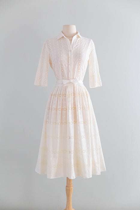 Classic 1950's Ivory Cotton Eyelet Shirtwaist Dress By L'Aignon / M