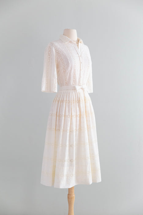 Classic 1950's Ivory Cotton Eyelet Shirtwaist Dress By L'Aignon / M
