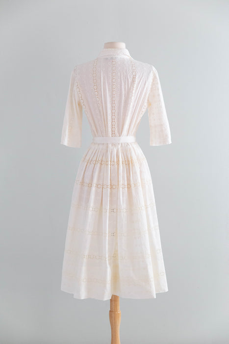 Classic 1950's Ivory Cotton Eyelet Shirtwaist Dress By L'Aignon / M