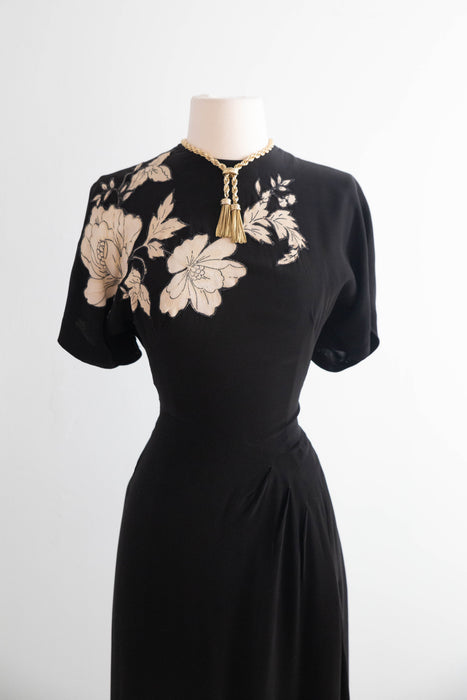 Fabulous 1940's Black Rayon Cocktail Dress With Floral Appliques' / S