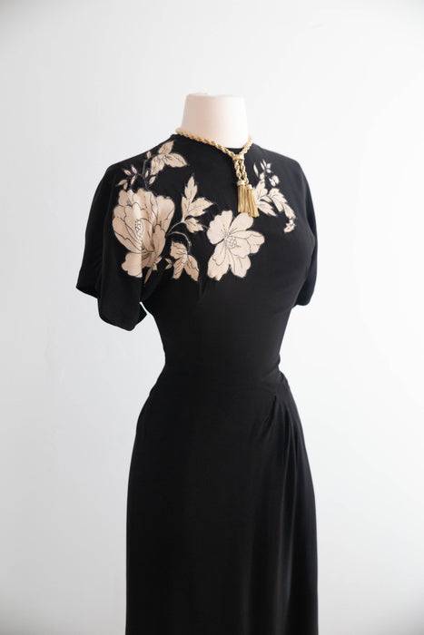 Fabulous 1940's Black Rayon Cocktail Dress With Floral Appliques' / S
