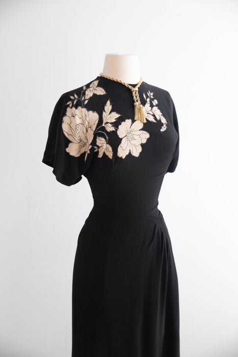 Fabulous 1940's Black Rayon Cocktail Dress With Floral Appliques' / S