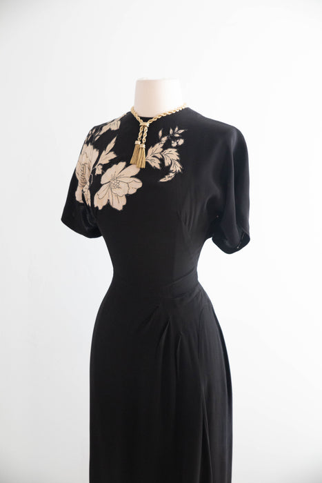 Fabulous 1940's Black Rayon Cocktail Dress With Floral Appliques' / S
