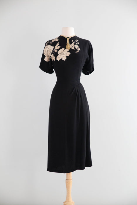Fabulous 1940's Black Rayon Cocktail Dress With Floral Appliques' / S