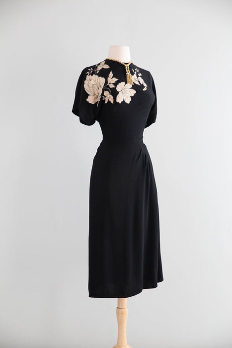 Fabulous 1940's Black Rayon Cocktail Dress With Floral Appliques' / S