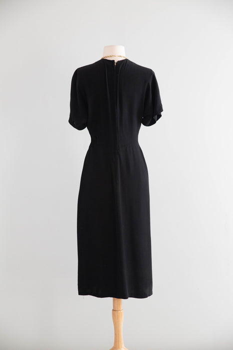 Fabulous 1940's Black Rayon Cocktail Dress With Floral Appliques' / S