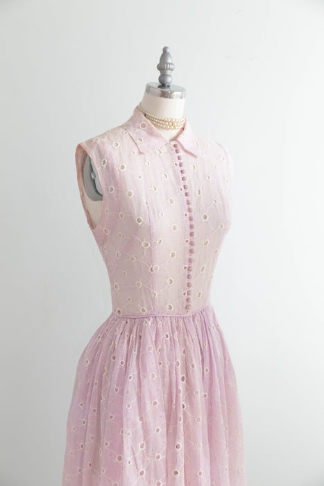 Ethereal Early 1950's Misty Lavender Cotton Eyelet Organdy Formal Dress / S