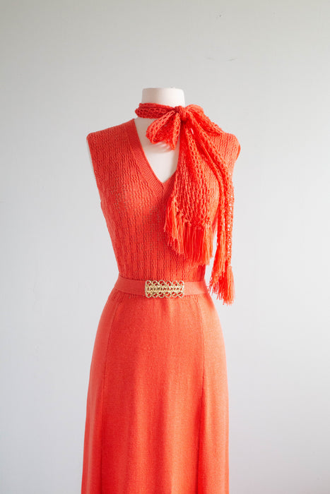 Fabulous Early 1970's St. John Knit Maxi Dress With Cardigan in Shrimp Cocktail / ML