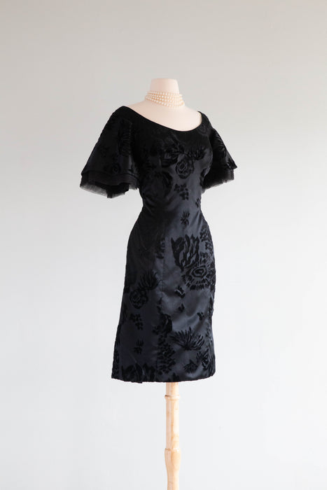 Stunning Late 1950's Satin Velvet Demi Couture Cocktail Dress / M