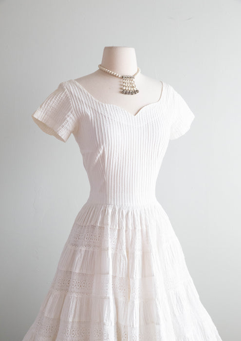 Stunning 1950's Tachi Castillo White Cotton Pleated Party Dress / M – Xtabay Vintage