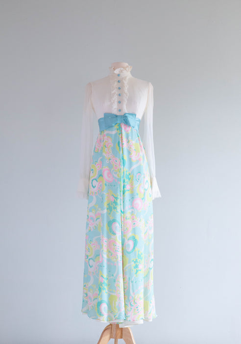 Wonderful 1960's Pastel Chiffon Palazzo Pant Jumpsuit With Bow / Small