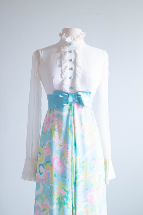 Wonderful 1960's Pastel Chiffon Palazzo Pant Jumpsuit With Bow / Small