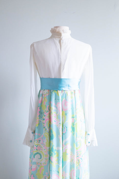 Wonderful 1960's Pastel Chiffon Palazzo Pant Jumpsuit With Bow / Small