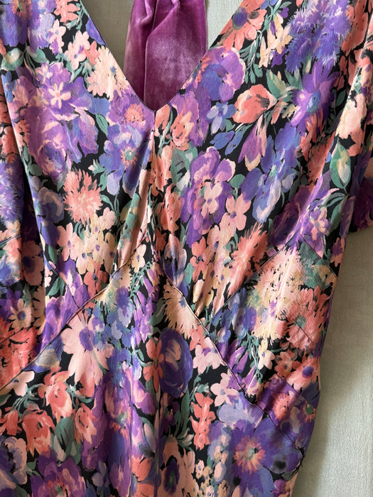 Exquisite 1930's FOGA Late Summer Floral Print Silk Bias Cut Gown / SM
