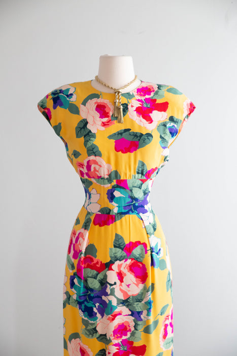 Fabulous Vintage 1980's Yellow Silk Floral Dress With Open Back / XS