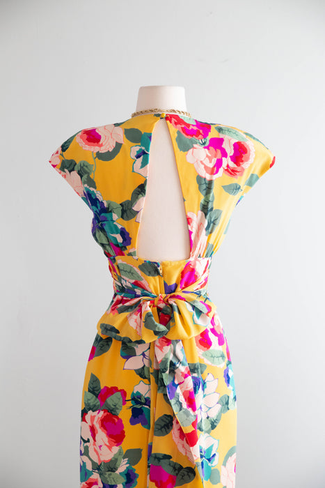Fabulous Vintage 1980's Yellow Silk Floral Dress With Open Back / XS