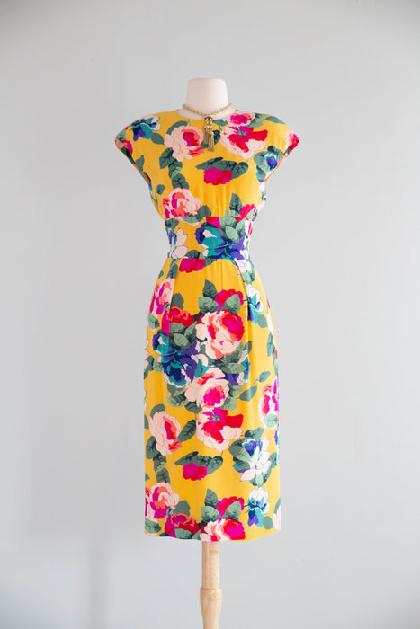 Fabulous Vintage 1980's Yellow Silk Floral Dress With Open Back / XS