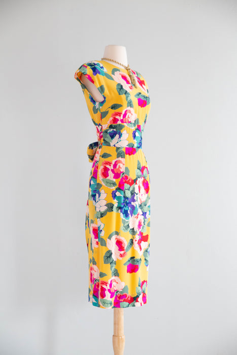 Fabulous Vintage 1980's Yellow Silk Floral Dress With Open Back / XS