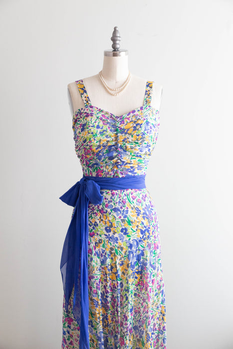 Exquisite 1930's Impressionist Spring Floral Gown In Silk Chiffon / S
