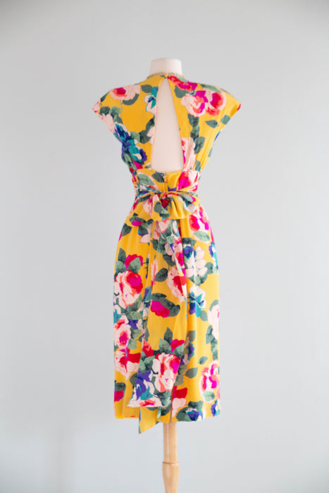Fabulous Vintage 1980's Yellow Silk Floral Dress With Open Back / XS