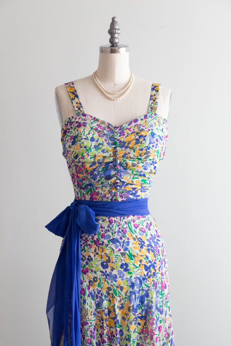 Exquisite 1930's Impressionist Spring Floral Gown In Silk Chiffon / S
