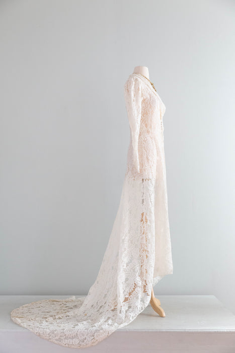 Elegant 1930's Ivory Lace Wedding Coat With Long Train / S