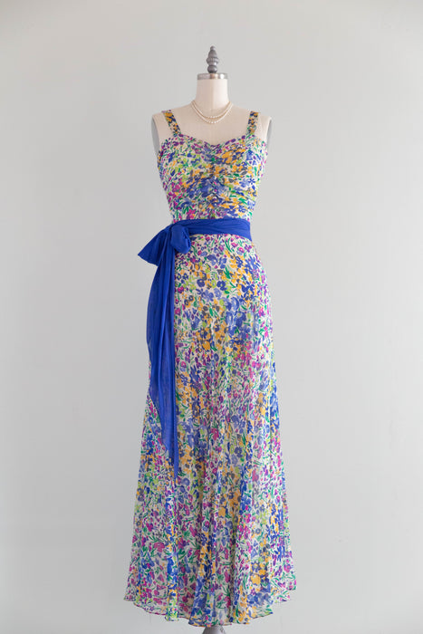 Exquisite 1930's Impressionist Spring Floral Gown In Silk Chiffon / S