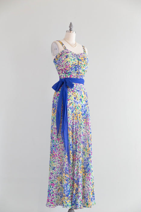 Exquisite 1930's Impressionist Spring Floral Gown In Silk Chiffon / S