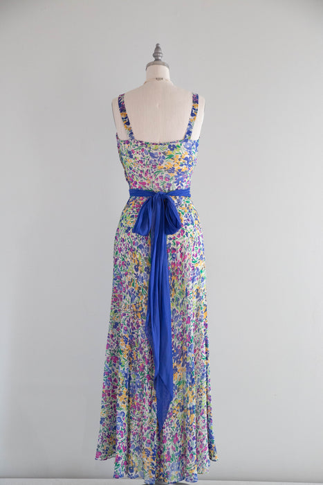 Exquisite 1930's Impressionist Spring Floral Gown In Silk Chiffon / S