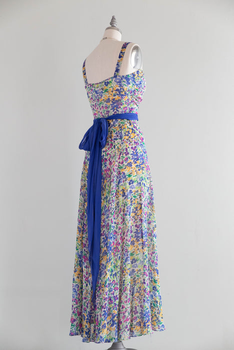 Exquisite 1930's Impressionist Spring Floral Gown In Silk Chiffon / S