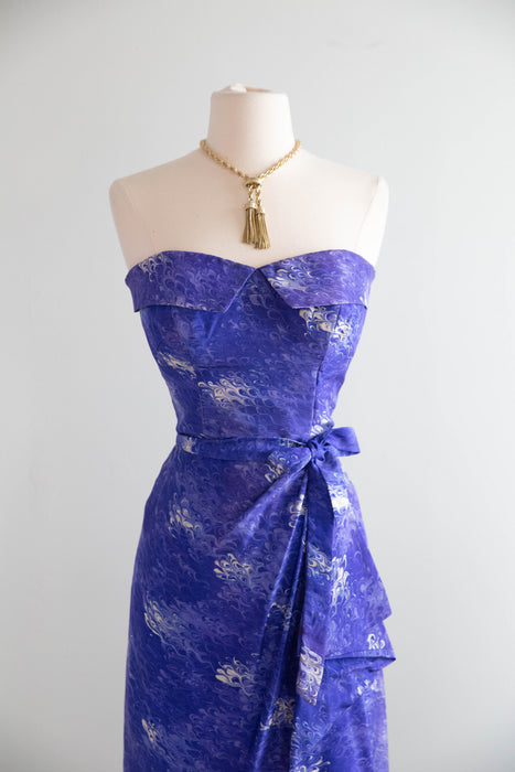 Rare 1950's Betty Higgins Originals Silk Sarong Hawaiian Dress in Blue Violet / SM