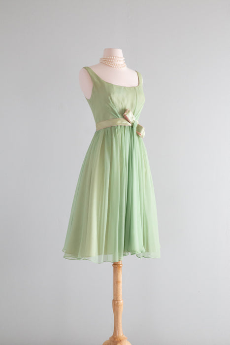 Beautiful Early 1960's Touch Of Pink Green Chiffon Party Dress / Medium