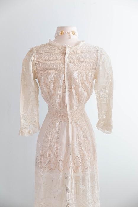 Extraordinary Edwardian Cotton Lawn Ceremony Gown With Intricate Embroidery and Lace / SM