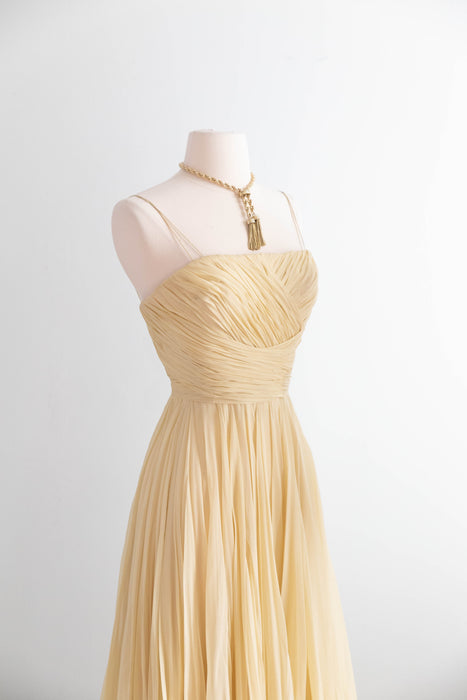 Beautiful Late 1950's Silk Chiffon Party Dress By Helga in Butter Yellow / XS