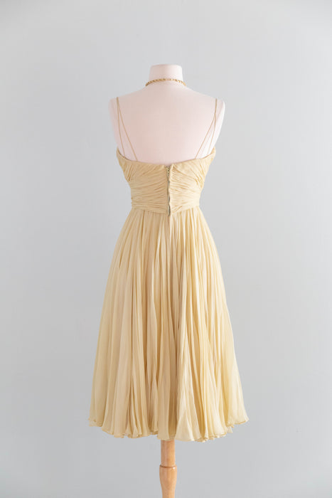 Beautiful Late 1950's Silk Chiffon Party Dress By Helga in Butter Yellow / XS