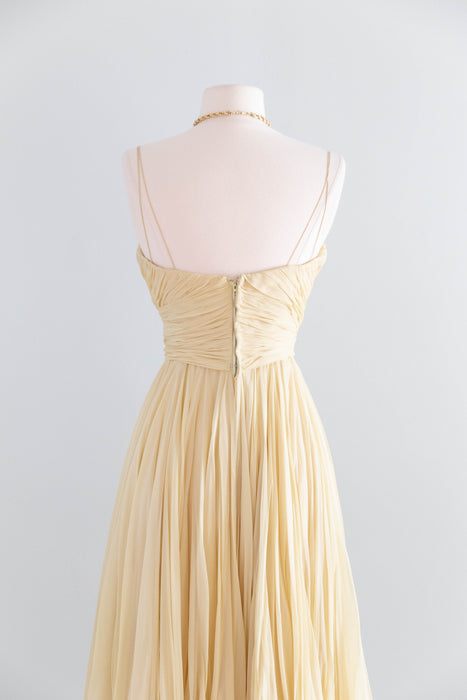 Beautiful Late 1950's Silk Chiffon Party Dress By Helga in Butter Yellow / XS
