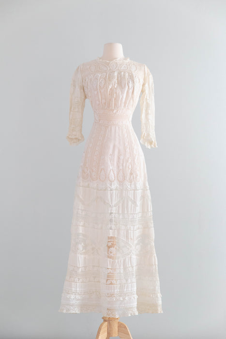 Extraordinary Edwardian Cotton Lawn Ceremony Gown With Intricate Embroidery and Lace / SM